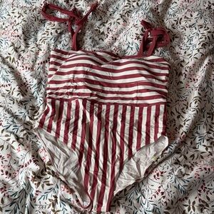 summersalt Burgundy and White Striped Tie-Shoulder One-Piece Swimsuit